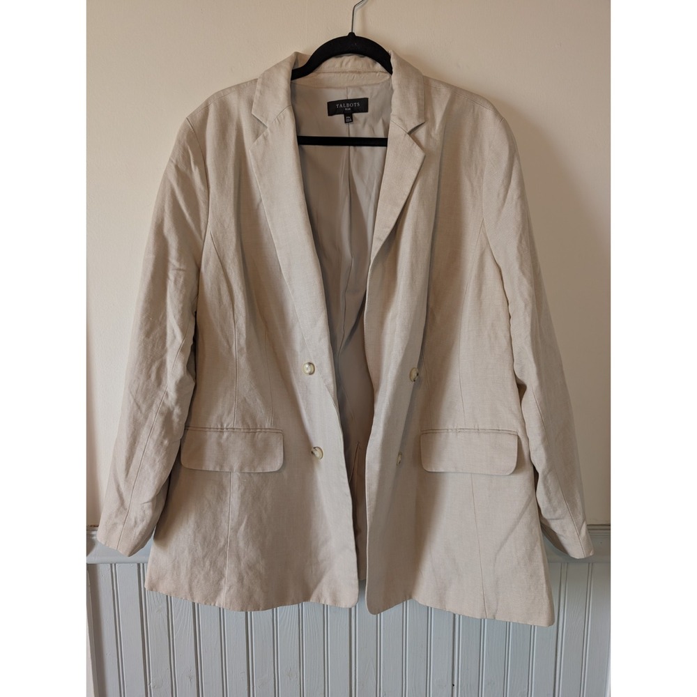 Talbots Plus Double Breasted Linen Blazer 20W Beige Career Quiet Luxury Money
